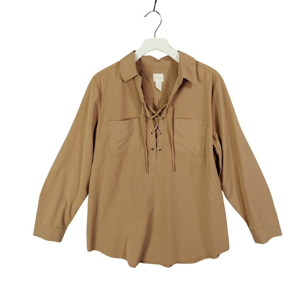 Chico's Women Safari Earthy Tan Lace Up Popover Top 2 L Neutral Utility Blouse